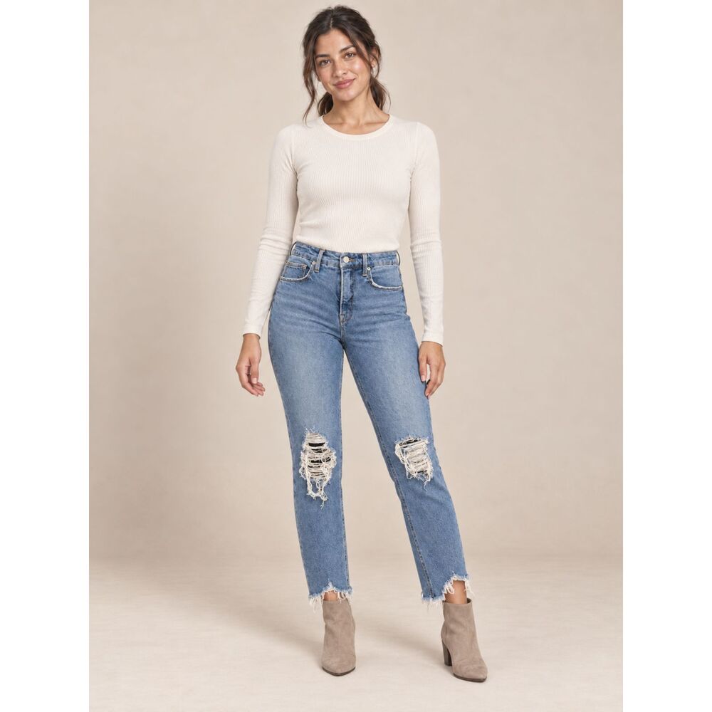 Good American Distressed High Rise Crop Jeans Women 2/26 Raw Hem
